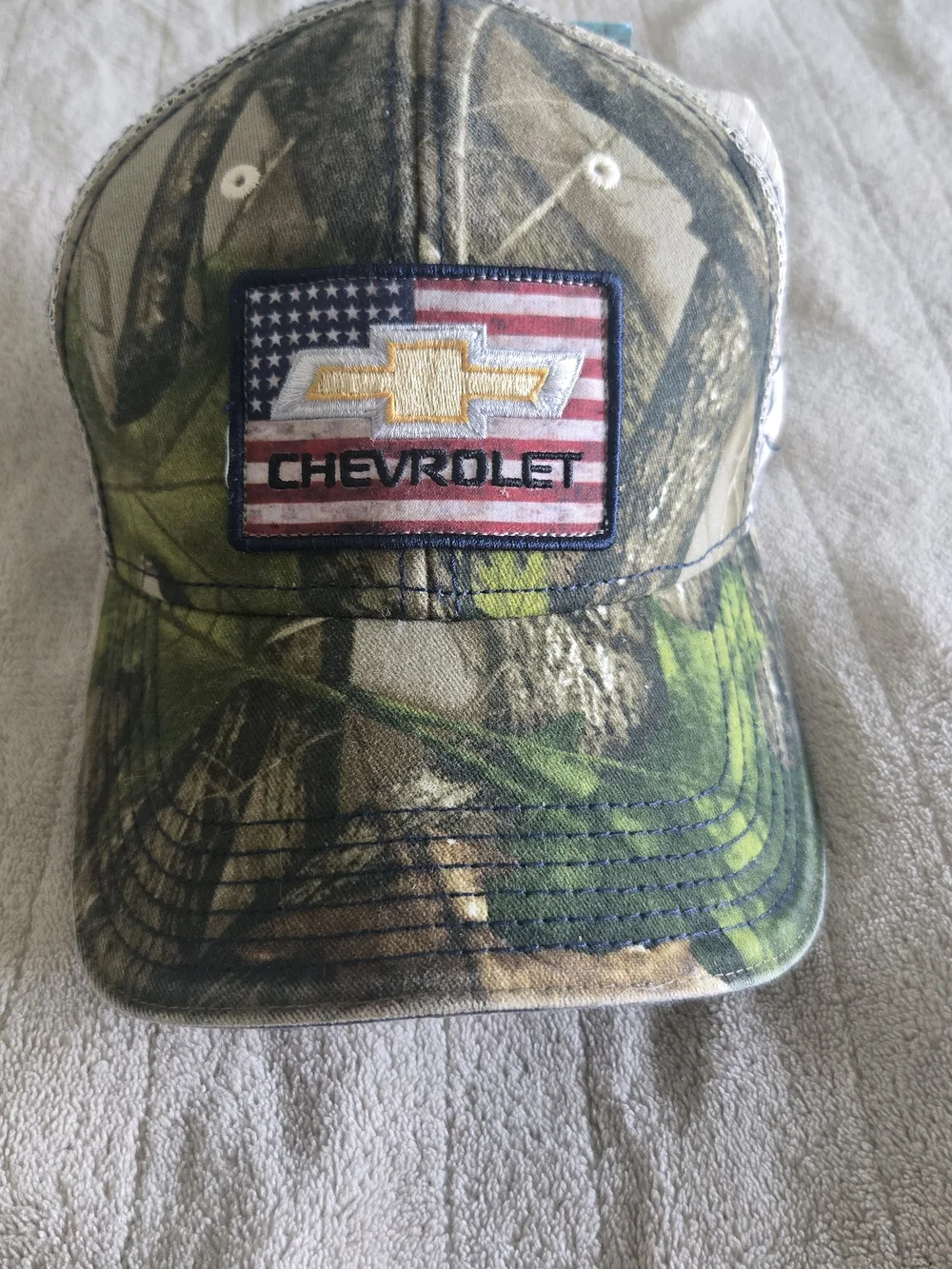 Chevrolet Camo Trucker Hat with American Flag Patch